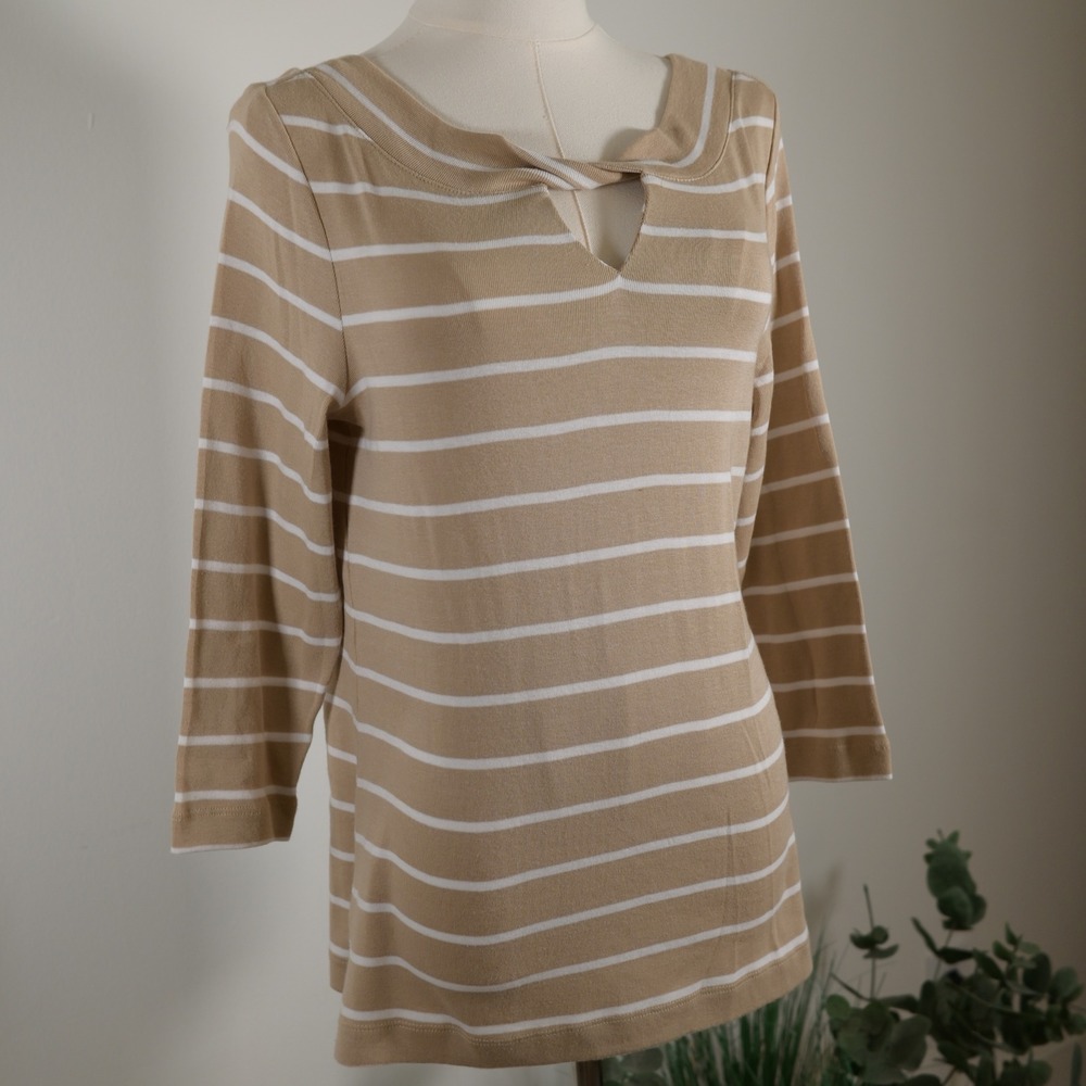 Chicos Striped Twisted Keyhole Neck Top Tan White 3/4 Sleeve Cotton Size 0 S